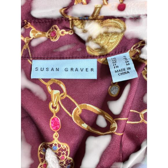 Susan Graver Regular Printed Charmeuse Button-Front Tunic Dark Cranberry Small - Picture 12 of 12